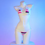 PU Leather Micro Bikini Set Women Swimsuit Japanese Kawaii Stripes Bra Set Sexy Lingerie Underwear Summer Swimwear Costume
