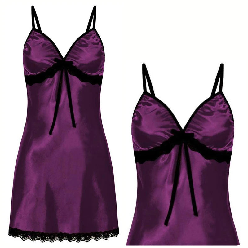 Sexy Nightgown Women's Lace Trim Sleepwear Ribbon Tie Chemise Lingerie Adjustable Strap Nightdress Silky & Comfortable New