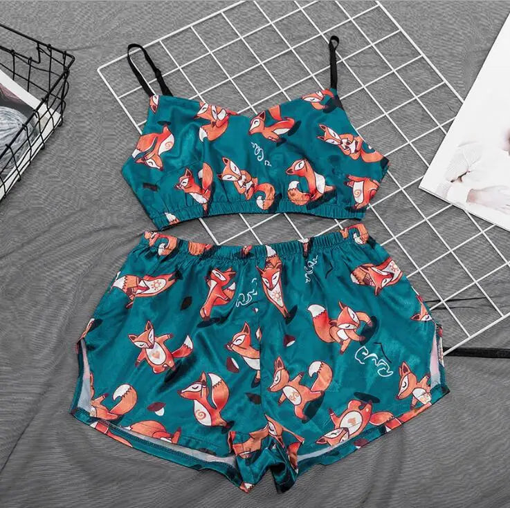 Women's Printed Satin Camisole & Lace Trim Shorts Set – Sexy Loungewear | European & American Bestseller