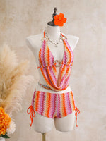 Vintage Blue Striped Knitted Cover Up 3 Piece Bikini Set 2026 Swimwear Women Push Up Bra Drawstring High Waist Shorts Swimsuit
