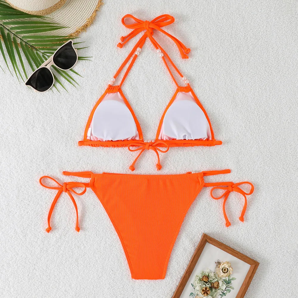 Sexy Orange Bikini 2025 Women Pearls Strap Push Up Drawstring Side Thong Swimsuit Luxury Lace Up Beach Bathing Suit Swimwear