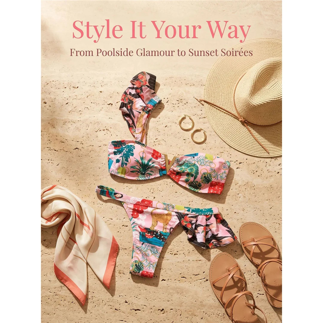 Flower Printed One Shoulder Bikini Women Swimwear Female Swimsuit Frilled Bather Bathing Suit Swim Two-pieces Bikini set K8049