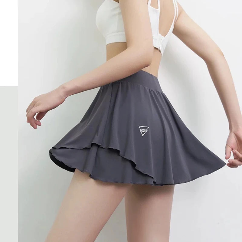 Women's Quick Drying Sports Short Skirt Fake Two-Piece Running Half Skirt Hip Blocking Anti Glare Breathable Tennis Skirt