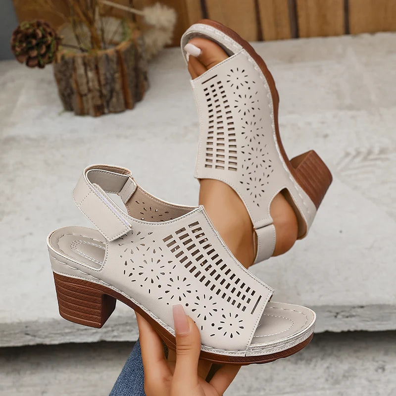Retro Hollow Out Thick Heeled Sandals for Woman Summer Lightweight High Heels Sandals Women Plus Size Outdoor Platform Sandles