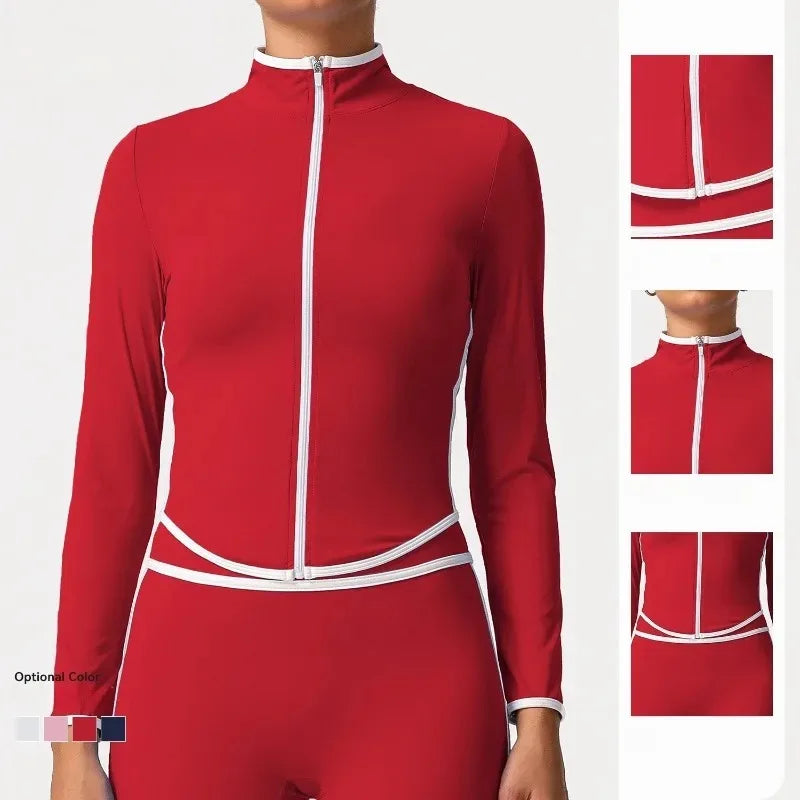Women's Yoga Top Color-Block Zipper Stand Collar Bare Jacket Autumn Winter Outerwear Running Fitness Long Sleeve Coat