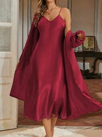Two Piece Womens Elegant V Neck Long Nightgown and Robe Set Extra Long Camisole Extra Long Robe Solid Color Homewear Set