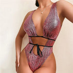 Sexy Gold Snake Print Shiny Swimwear Cut Out Monokini One Piece Swimsuits Women 2025 String Cross Bathing Swimming Suit Bodysuit