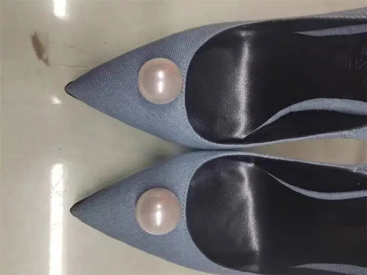 Women Denim Stiletto High Heels Pointed Toe Pearl Decor Pumps Elegant Ladies Slip On Dress Party Wedding Heeled Shoes