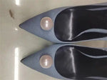 Women Denim Stiletto High Heels Pointed Toe Pearl Decor Pumps Elegant Ladies Slip On Dress Party Wedding Heeled Shoes
