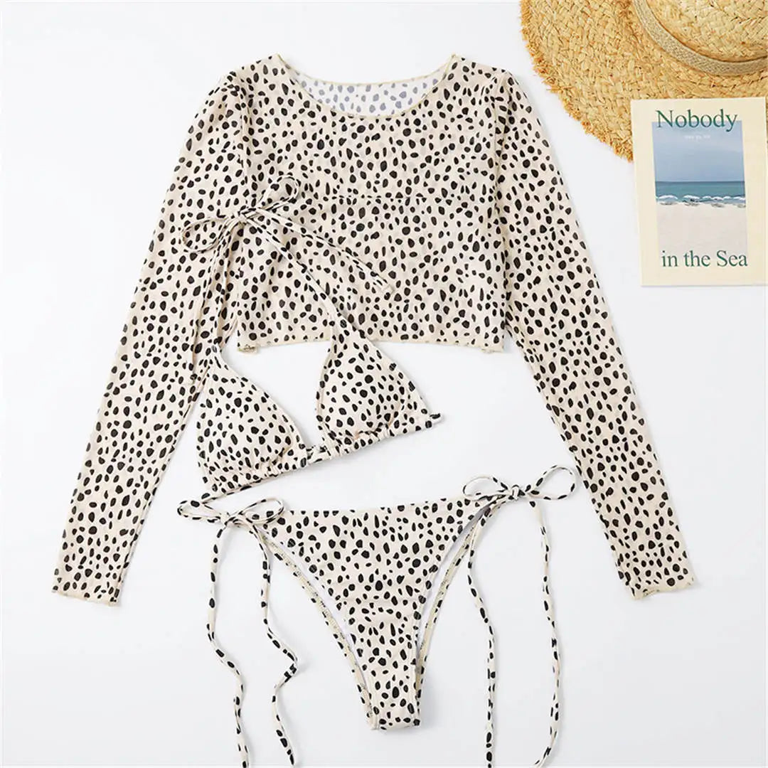 S- XXL Leopard Printed Long Sleeve Bikini Women Swimwear Female Swimsuit Three-piece Bikini set Bather Bathing Suit Swim V3193SW