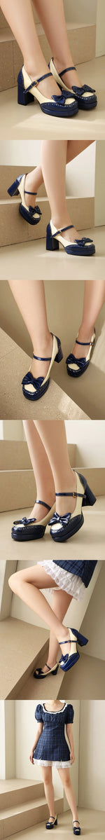 Plus Size 32-48 Sweet Lolita Patent Leather Mary Jane Shoes Women Gothic Square Toe Bow Tie Platform Chunky Heels Brogue Pumps