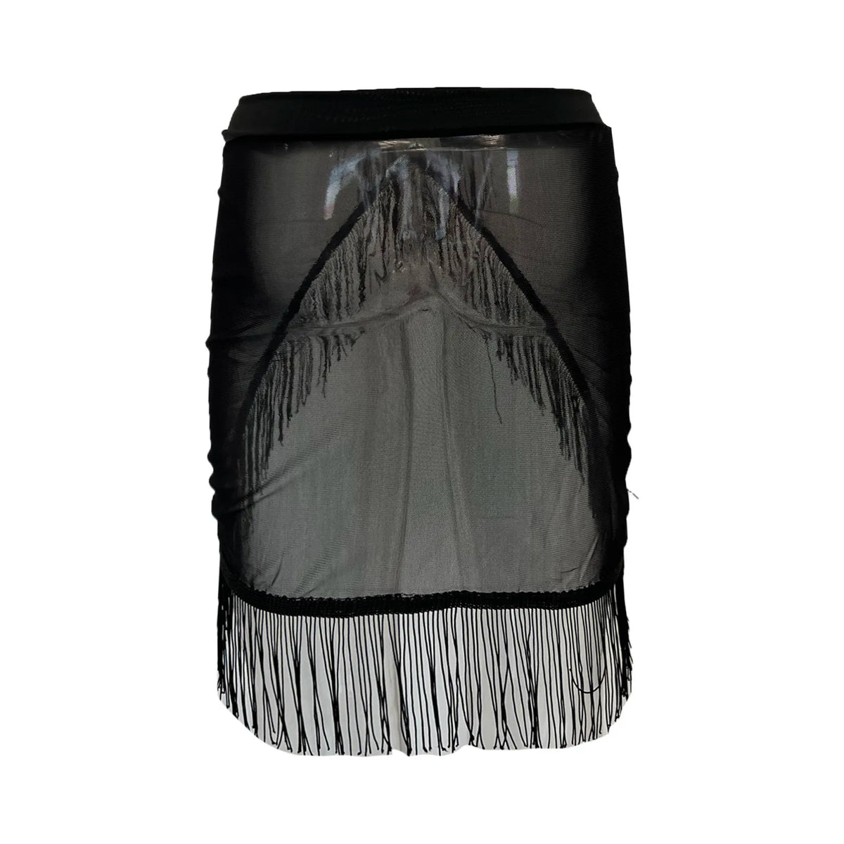 Women's Black Mesh Fringe Sarong Skirts Asymmetric Triangle Cut Swimwear Cover Up Sheer Ruched Tassel Hem Wrap Flowy Beach Skirt