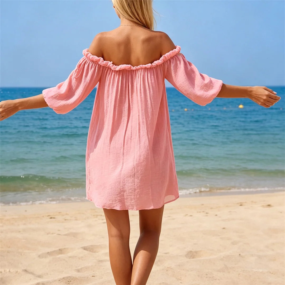 New White Long Sleeve Cut Out Crochet Knitted Tunic Beach Cover Up Beach Wear Beachwear Female Women Cover-ups Beach Dress K8075