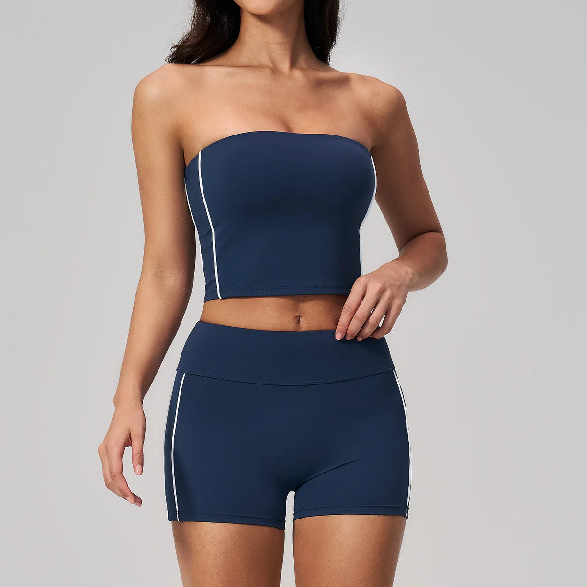 Summer Tight Yoga Suit Women Color Contrast Strapless Slim Sports Tank Top Shorts Fitness Suit Gym Running Workout Tracksuit