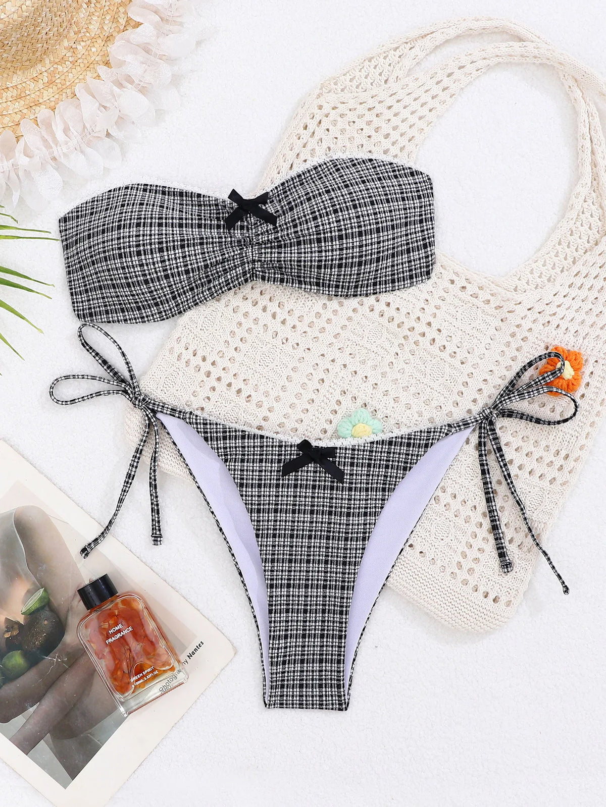Sexy Bandeau Micro Bikini 2026 Women Bow Black Plaid Print Pleat Push Up Bra Bandage Thong Swimsuit Summer Bathing Suit Swimwear