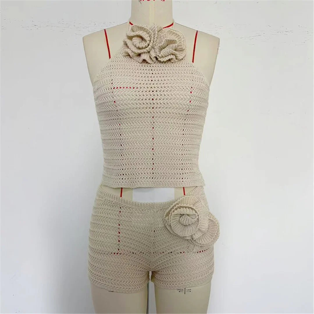 3D Flowers Halter Crochet Knitted 2 Pieces Suits Beach Cover Up Cover-ups Beach Shorts Beach Wear Beachwear Female Women K6598