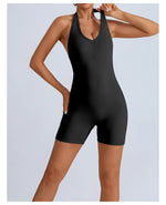 Summer Yoga Jumpsuit Back Hollow Out Bandage Pleate Pocket Shorts Sports One Piece Suits Butt Lifting Fitness Workout Bodysuit