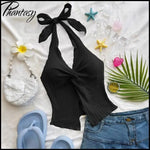 Sweet Bow-Tie Neckline Halter Topfor Women Hot Girl Solid-Color Cropped Knit Tank Top Summer Beach Outfit Female Clothes