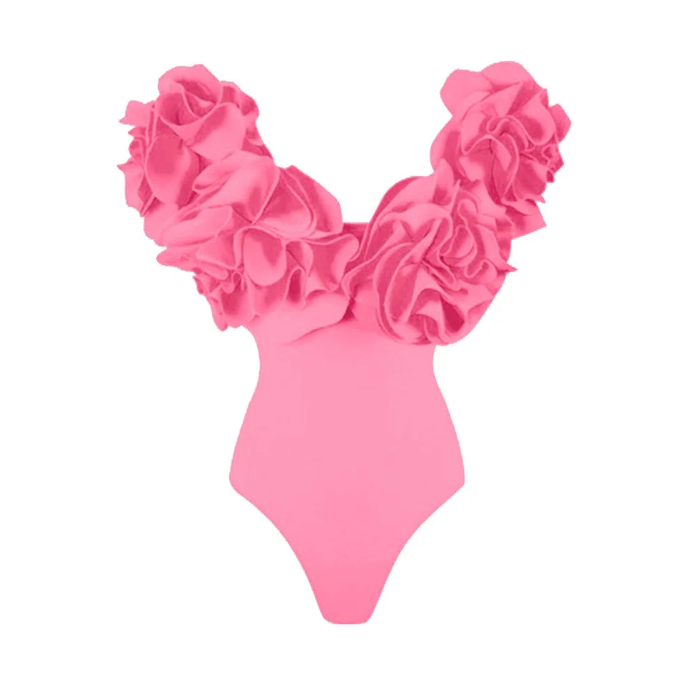 2025 Solid Red Flower One Piece Swimsuit Luxury Women Swimwear Sexy Swim Suit Deep V Monokini Off Shoulder Bodysuit Bathingsuit
