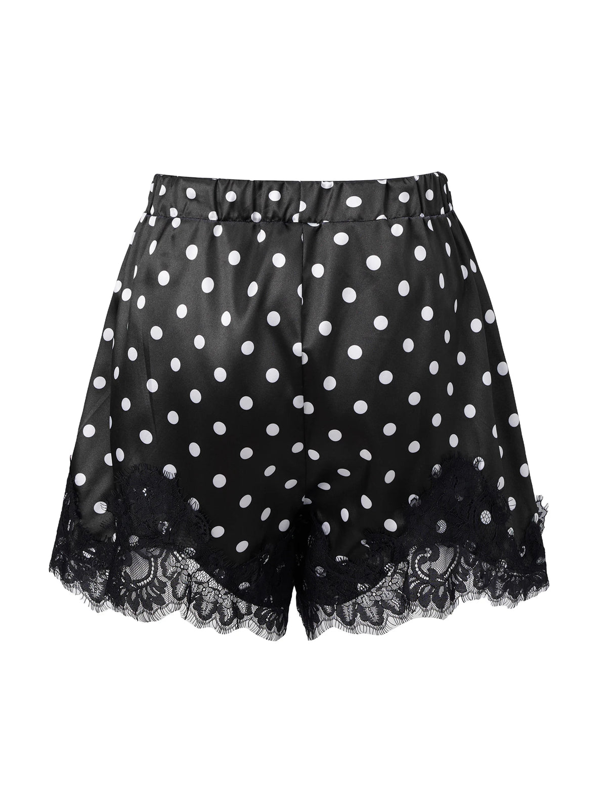 Summer Women's Dots Print Satin Shorts Elastic Waist Loose Lace Trim Hem Short Pants for Daily Casual Lounge Wear