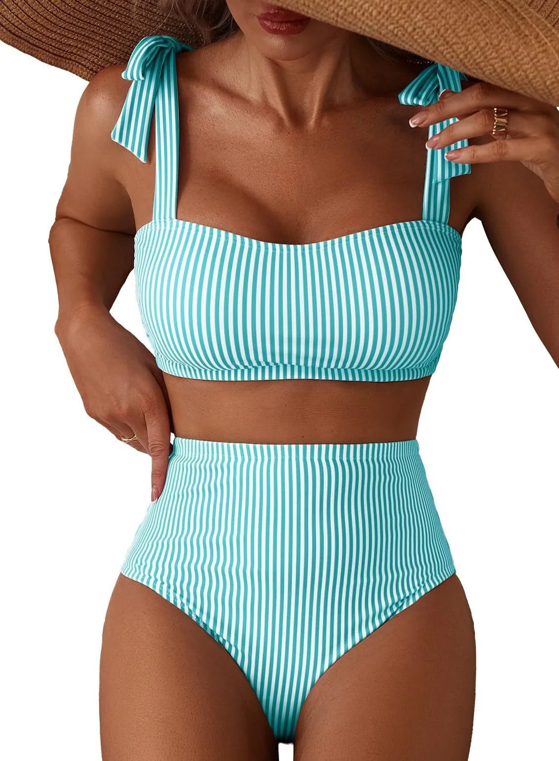 Striped Bikini Women Sexy High Waist Split Swimsuit Lace Up Bikini Set Summer Two-piece Beachwear Bathing Suit Thong Biquinis