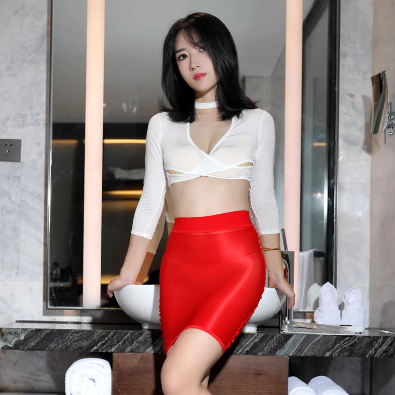 Women's Half Skirt Solid Color Temperament High Waist Slim Spicy Short Skirt Sexy Costume Transparent Mini Skirt