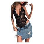 Summer Sexy Tight Fitting Women's Clothing, Deep V-neck Shaping, Hanging Neck See Through Bodysuit, Lace Backless Jumpsuit Top