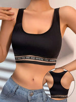 Women Ribbed Y Back Sports Bra Letter Print Band Padded Tank Top Breathable Yoga Crop Top Daily Wear Bralette MR2694