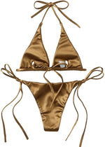 Halter Brazilian Metallic Satin Bikini Women Swimwear Female Swimsuit Two-pieces Bikini Set High Cut Bathing Suit Swim Beachwear