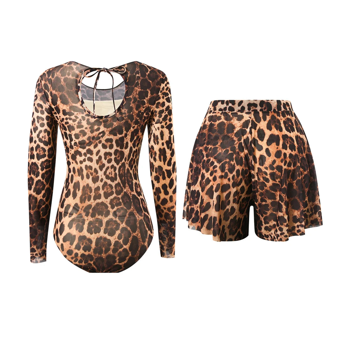 S - XXL New Sexy With Shorts Leopard Long Sleeve One Piece Swimsuit Women Swimwear Female Padded Bather Bathing Suit Swim V7348