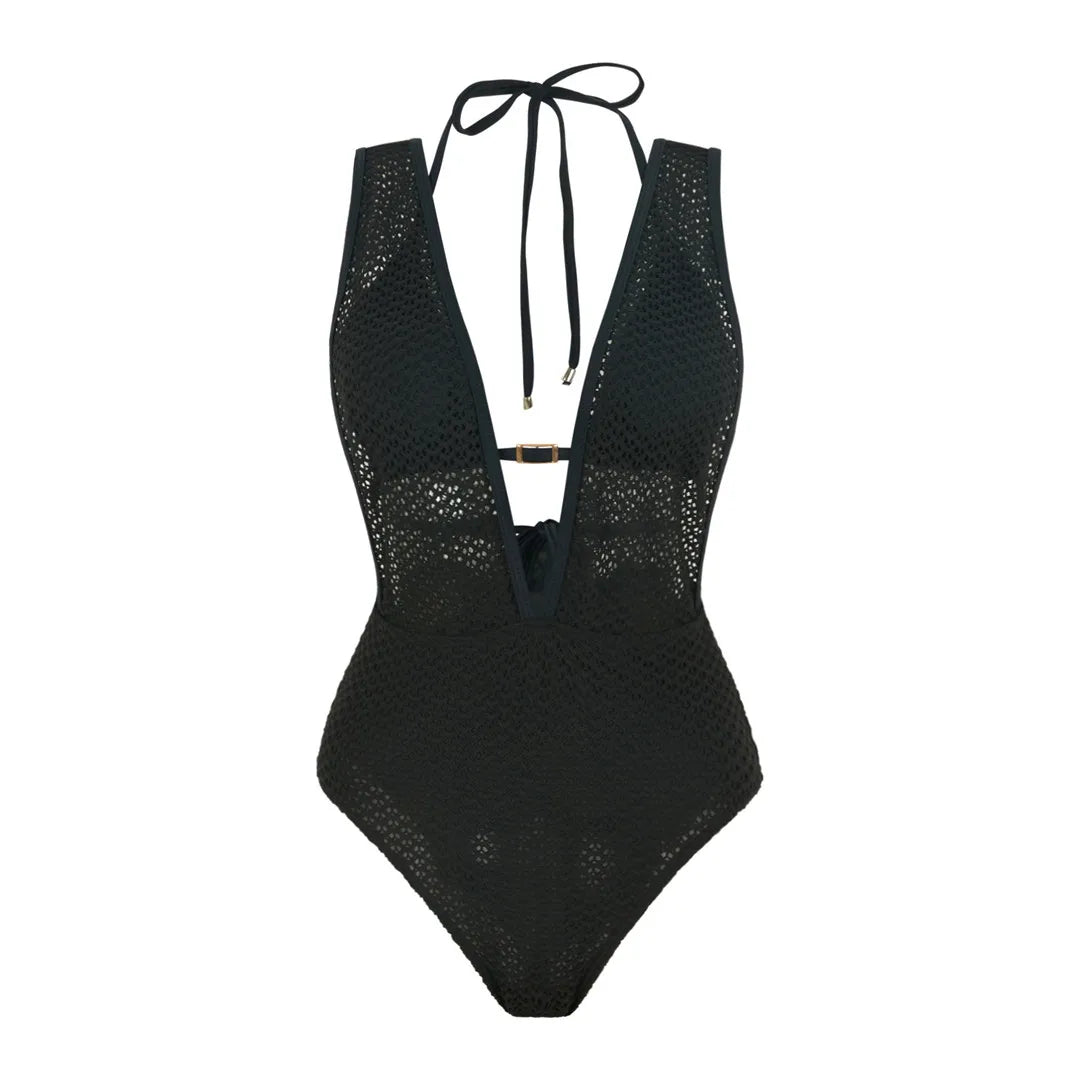 S - XL Deep V Neck Knit Fish Net Mesh Women Swimwear One Piece Swimsuit Female Monokini Backless Bather Bathing Suit Swim V7832