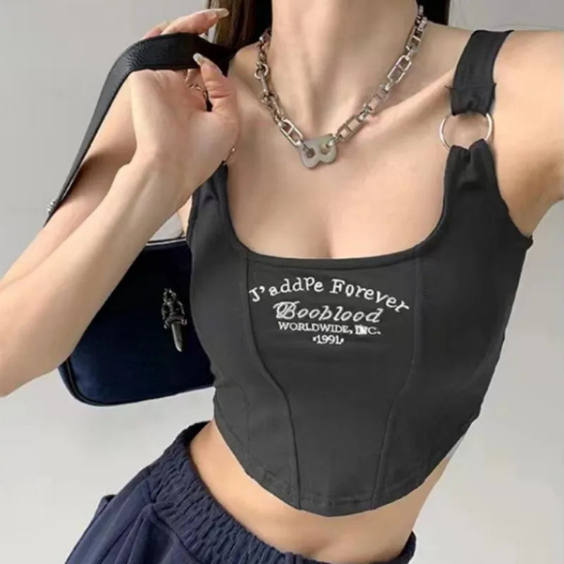Letter Print Tank Top Women Cotton Bras Tops Hot Girls Streetwear Underwear Built In Bra Small Cup Crop Top Padded Camisole
