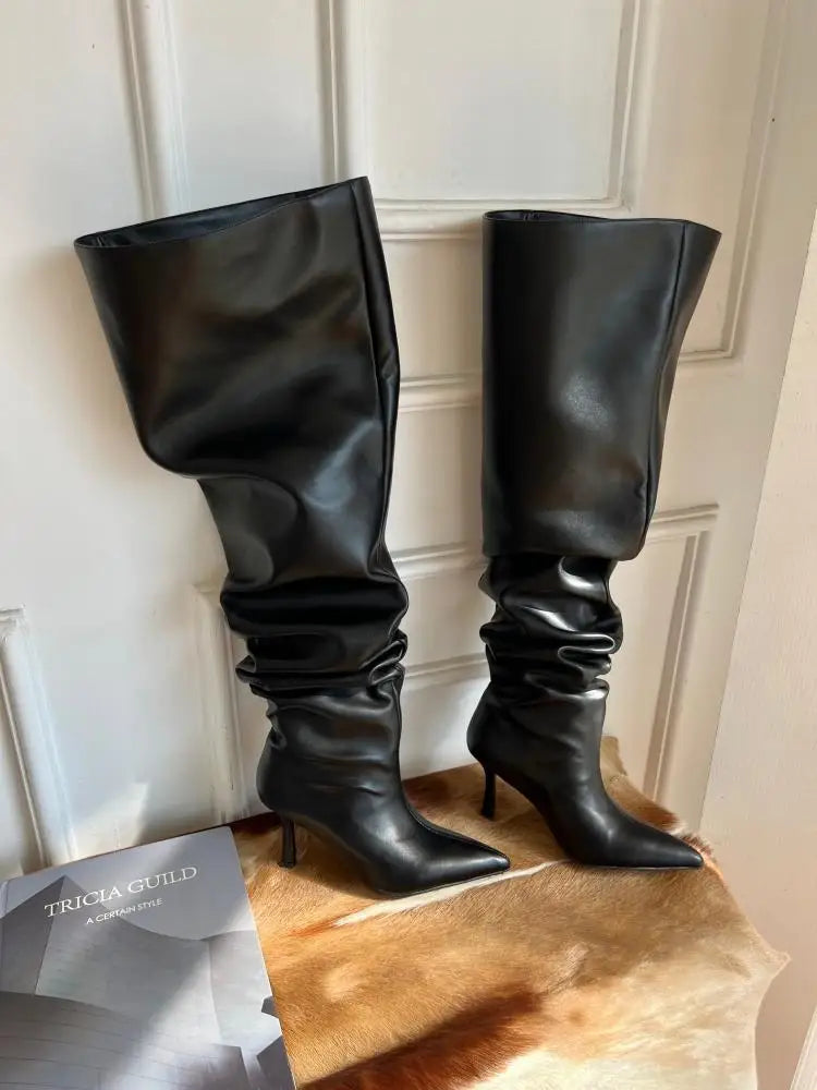 Boot Leg Long Boots Women European and American Fashion Sexy Pointed Thin High Heels Women Comfort Pleated Women's Boots 2023