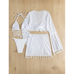 S - XL With Tassel Skirt Long Sleeve Bikini Women Swimwear Female Swimsuit Four-pieces Bikini set Bather Bathing Suit Swim V7060