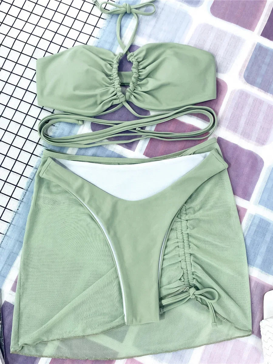 Wrap Around with Mesh Sarong Skirt Bikini Female Swimsuit Women Swimwear Three-pieces Bikini Set Beachwear Bathing Suit Swim