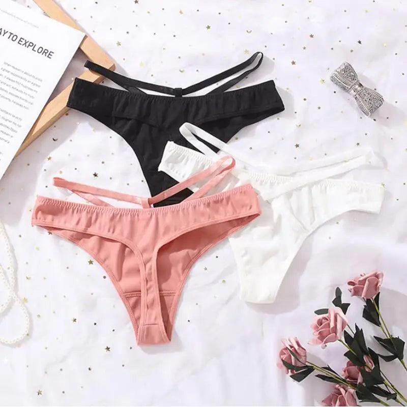 Sexy Hollow OutCross Strap Women's T-pants Solid Color Ice Silk Female Thongs Seamless Cotton Crotch Ladies G-string