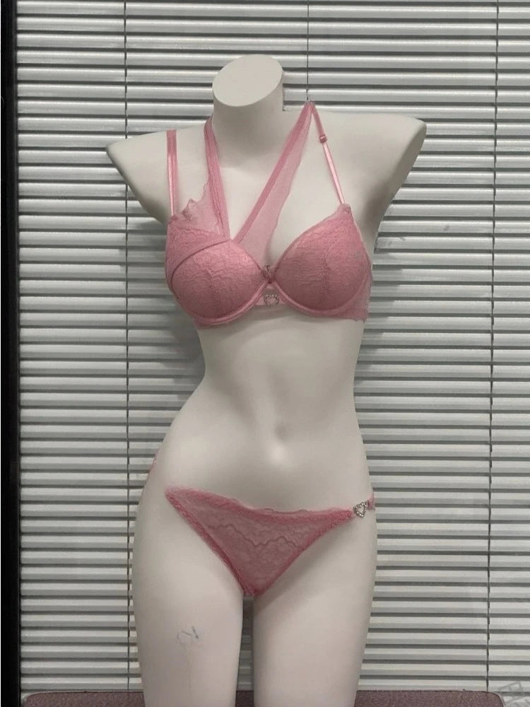 French Style Pure Desire Lingerie Set 3cm Thick Padded Cup Pink Diagonal Strap Nightclub Wear Sexy Bra Panty Set 32-38AB Canada