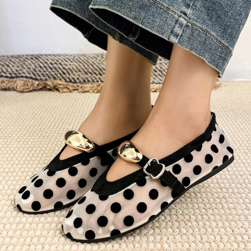 Korean Sle Polka Dot Me Breathable Flat Bot Mary Jane oes Women's Ballet Sle round Head Single oes Soft Bot