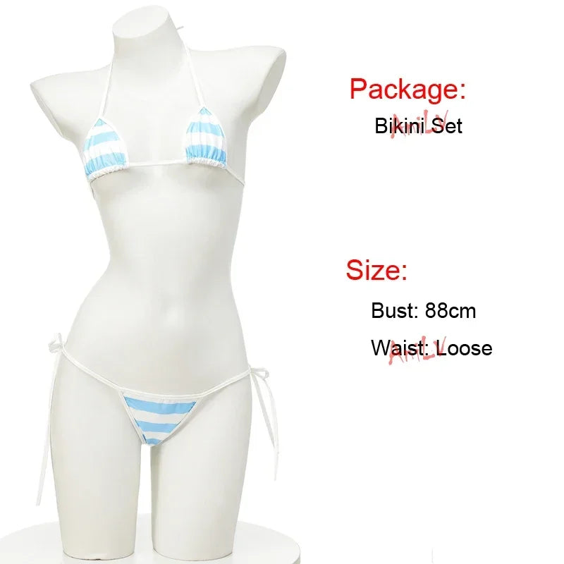 Summer PU Leather Micro Bra Bikini Set Swimsuit Stripes Bright Anime Swimwear Women Erotic Underwear Sexy Lingerie Costume