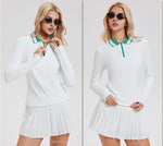 VITALINOVO Tennis Skirt Sets for Women Zipper Color Block Shirts High Waisted Golf Polo Two Piece Skirt Set Women 2 Piece Outfit