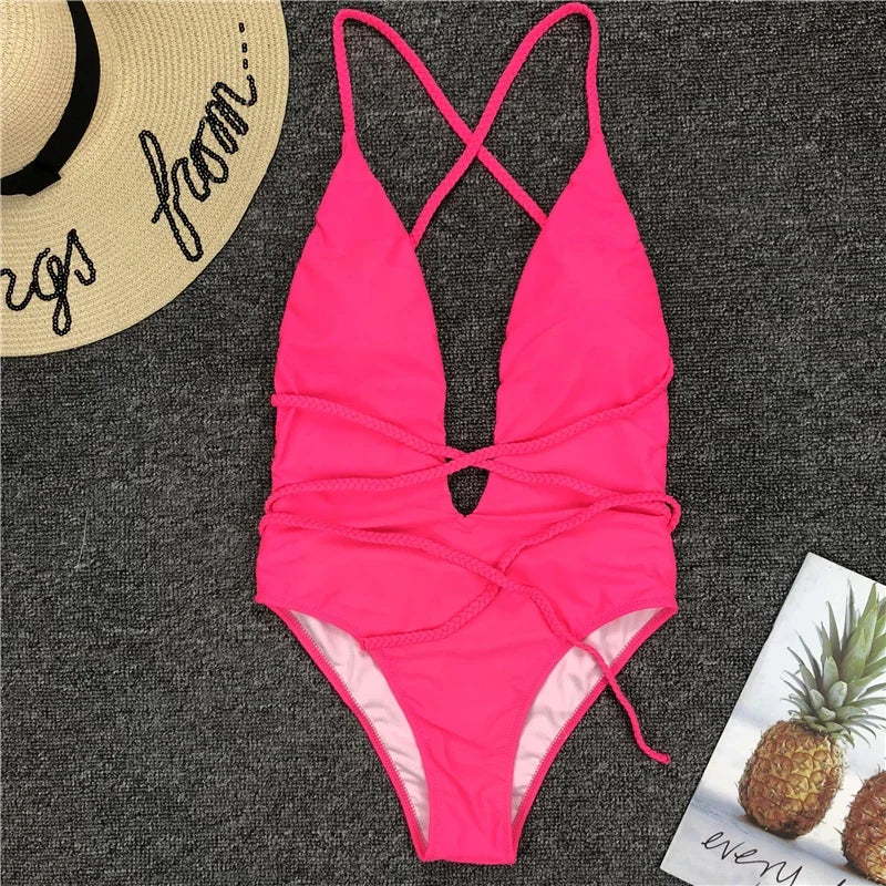 Sexy Deep V Neck Wrap Around Female Swimwear One Piece Swimsuit Women Backless Monokini High Leg Cut Bathing Suit Swim Beachwear