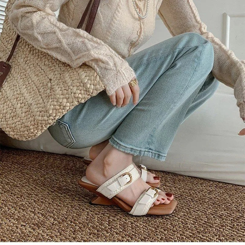 Vintage Braided Belt Buckle Open Toe Wedges Women's Summer New Square-toed High-heeled Slippers