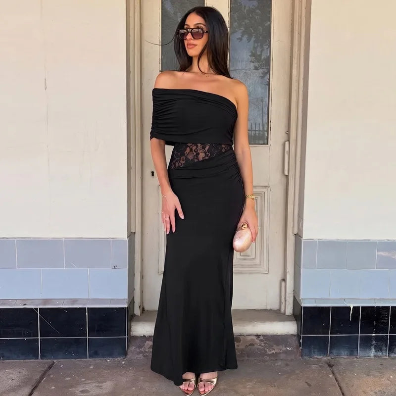 FDYOUI Women's Summer Diagonal Collar Lace Patchwork Asymmetrical Long Dress Sleeveless High Waist Tunics Evening Party Dresses