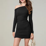 Fashion Off Shoulder Women Ruched Mini Dress Spring Slim Fit Solid Color Slash Neck Long Sleeve Bodycon Dress for Party Club
