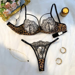 Leopard print patchwork lace lingerie set - Sexy see-through mesh semi-cup shaping bra thong set for two pieces ZA824120