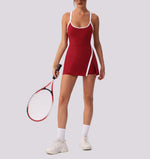Color Contrast Tennis Dresses Women Beautiful Back Hollow Back Cross Split Skirt Pocket Sports Fitness One-piece Yoga Golf Suit