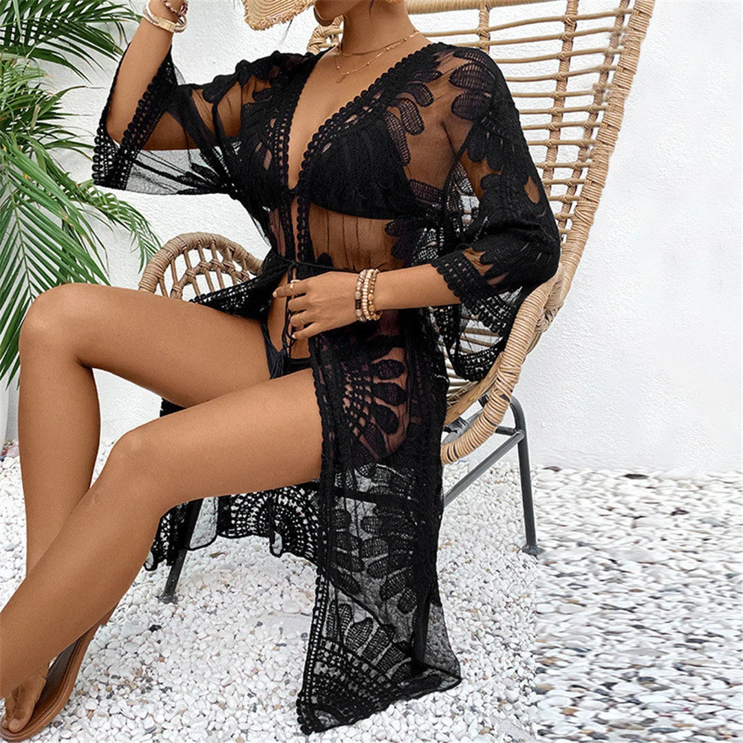 Sexy Embroidery Half Sleeve Chiffon Cardigan Tunic Beach Cover Up Cover-ups Beach Dress Beach Wear Beachwear Female Women V5510
