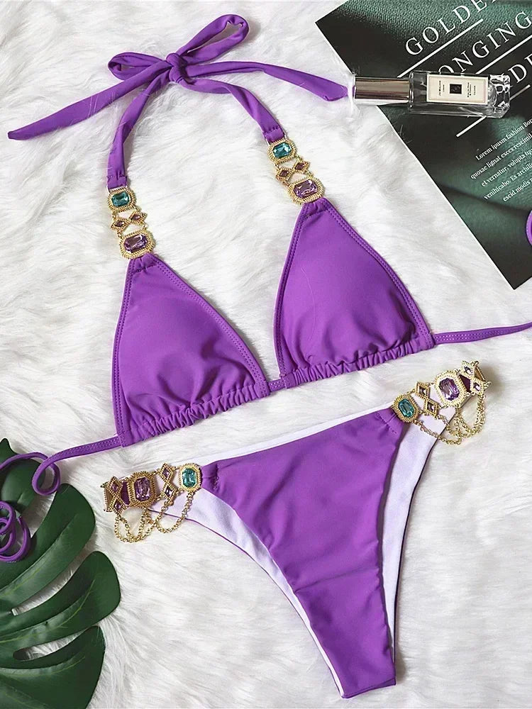 Halter Crystal Rhinestone Diamond Bikini 2026 Female Swimsuit Women Swimwear Two Pieces Bikini set Brazilian Bathing Suit Swim
