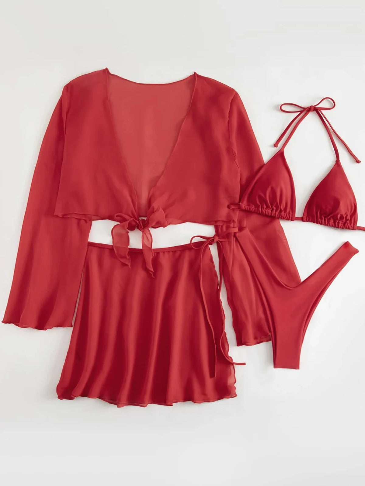 4PCS with Mesh Sarong Cover Up Long Sleeve Bikini Female Swimsuit Women Swimwear Four-pieces Bikini Bathing Suit Swim Beachwear