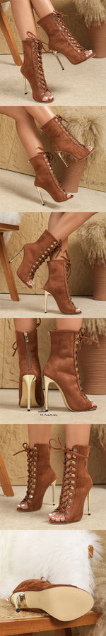 Big Size 42 Sexy Cross-tied Jazzi Summer Boots Women Elegant Brown Zip-up Thin High Heels Summer Ankle Boots Stiletto Shoes